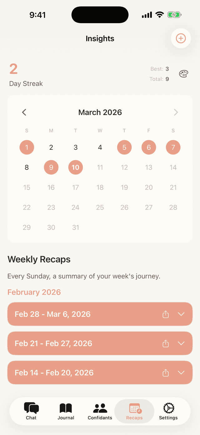 Weekly insights showing streak calendar and recap generation