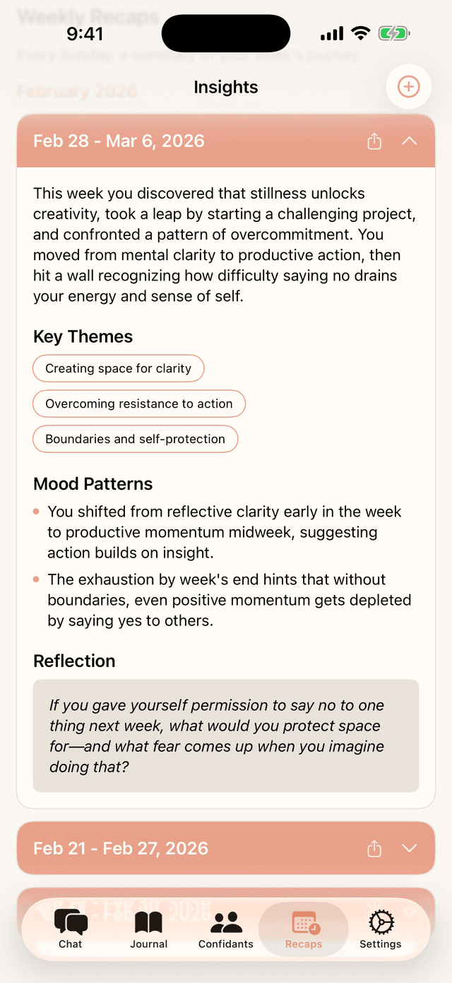 Detailed weekly recap showing themes, mood patterns, and reflection prompts